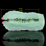 Green serpent fleshlight sleeve length view with measurement lines over scaly texture
