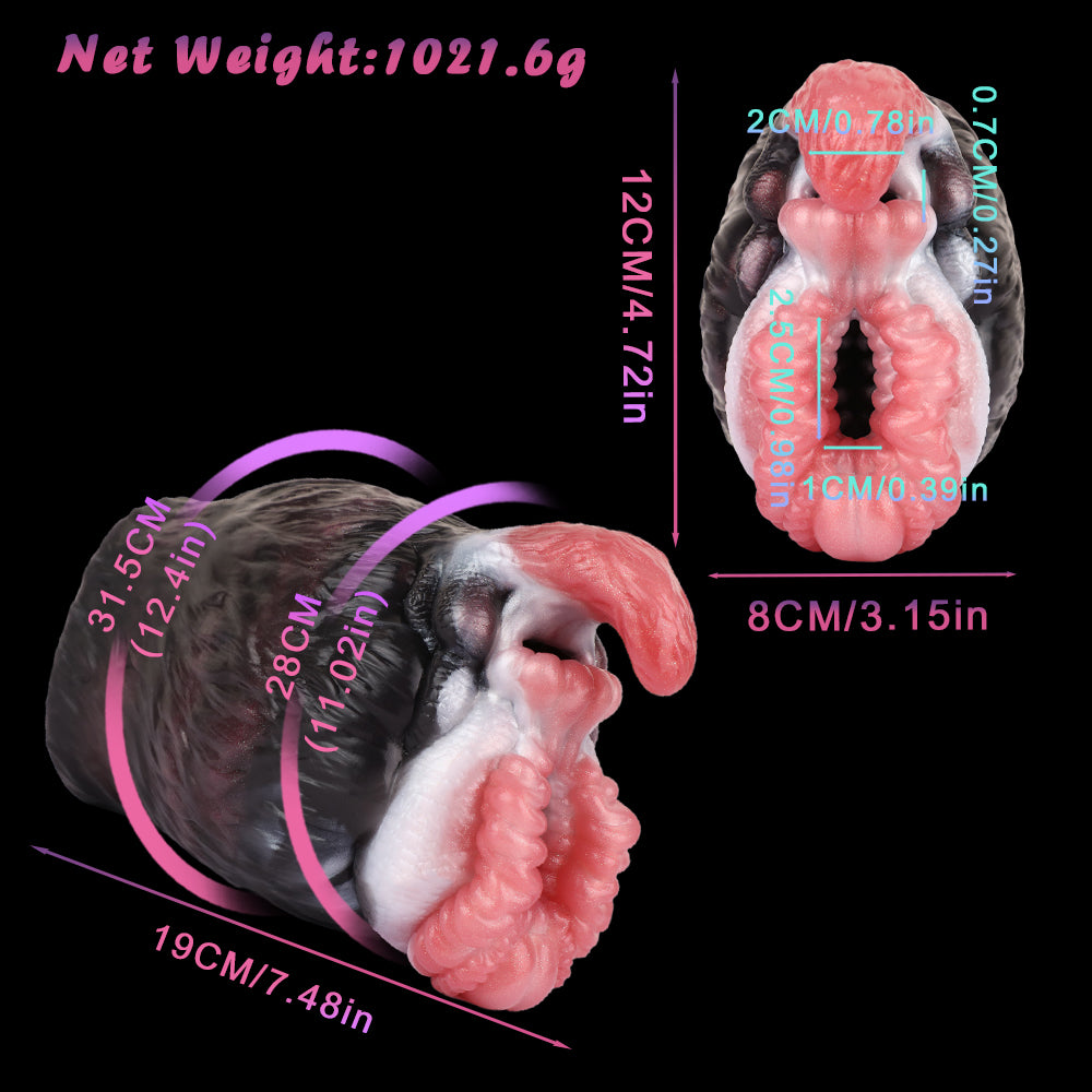 Dual-hole creature toy showing pink inner channels and black-and-white fur exterior