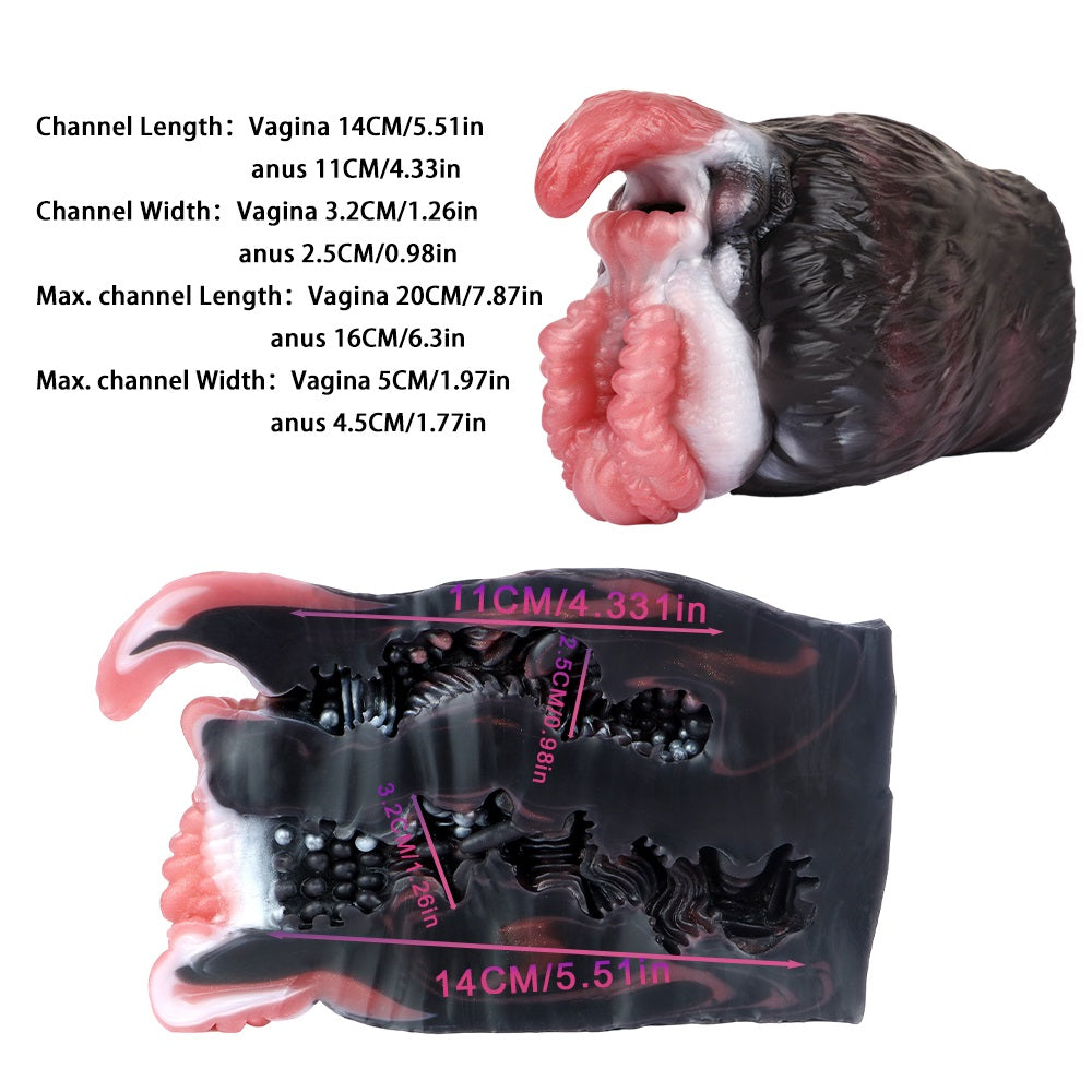 Side view dual-hole creature toy with exposed pink channels and textured black fur
