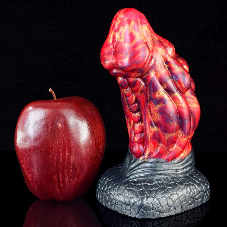 Red dragon anal plug with gray scaly base, upright side view