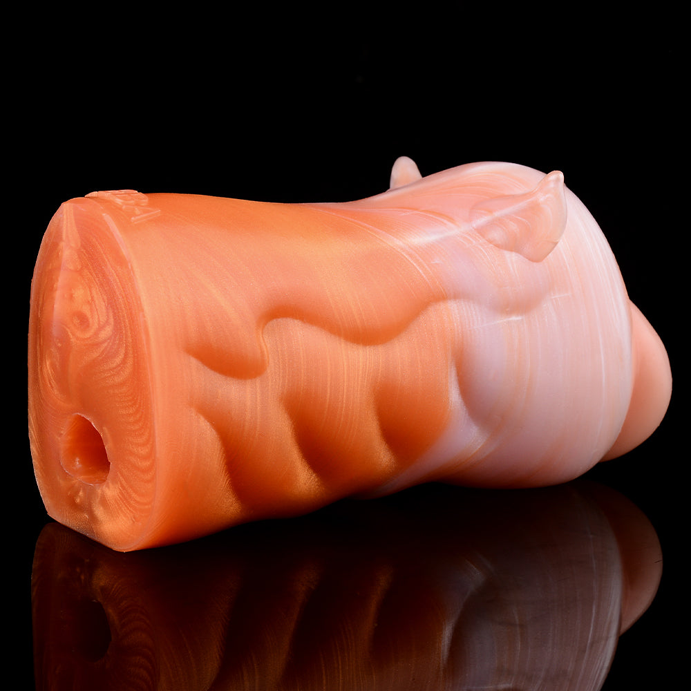 Tierkopf-Fantasy-Stroker, Seitenansicht mit runder Öffnung am Körper, orange und rosa