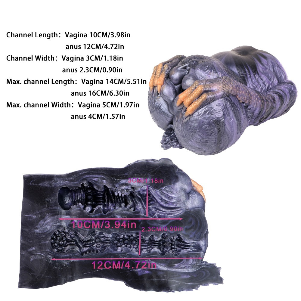 Animal dual-channel fleshlight, side view showing two openings and textured surface
