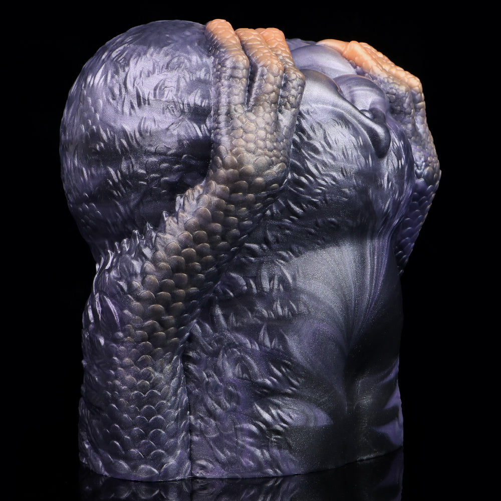 Dual-hole Gryphina fleshlight with textured scale pattern and horn-like top, blue-gray