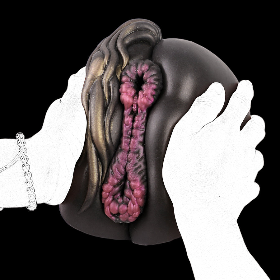 Two-hole fantasy sex toy with open end, dark shell and pink textured inner channel