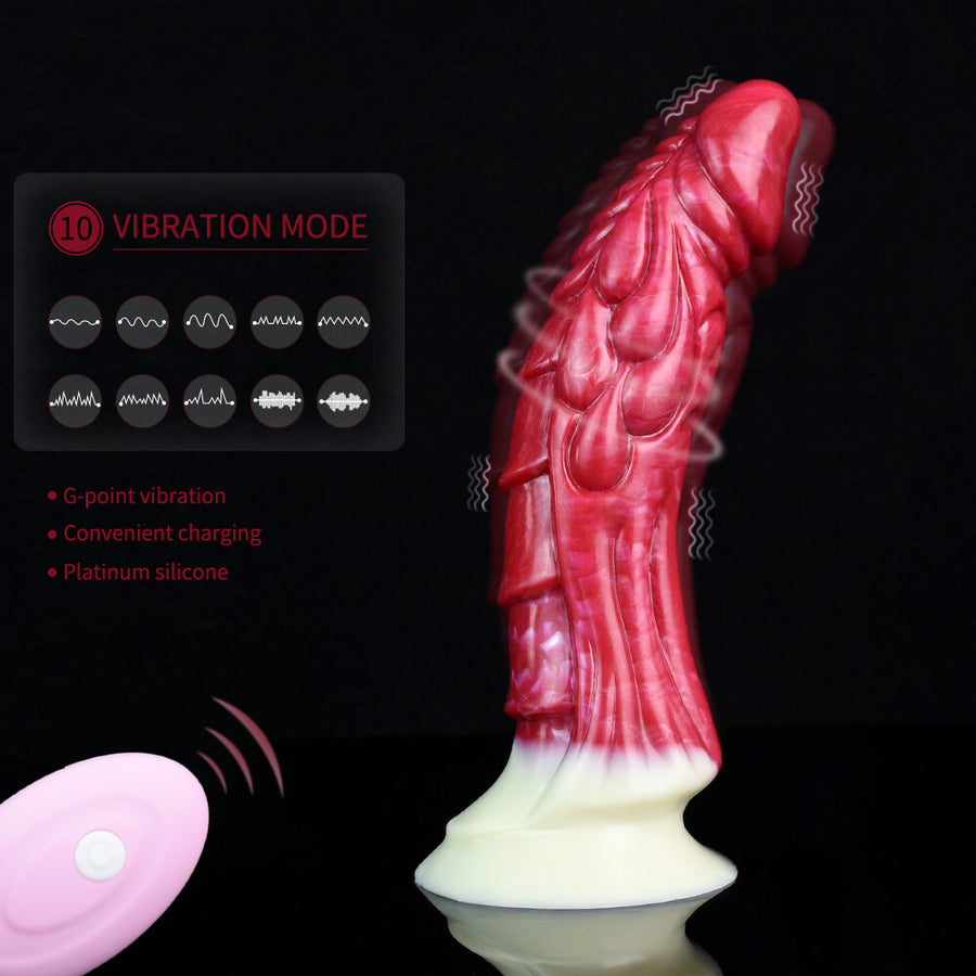 Curved red dragon-style G-spot vibrating dildo with cream base and rippled texture.