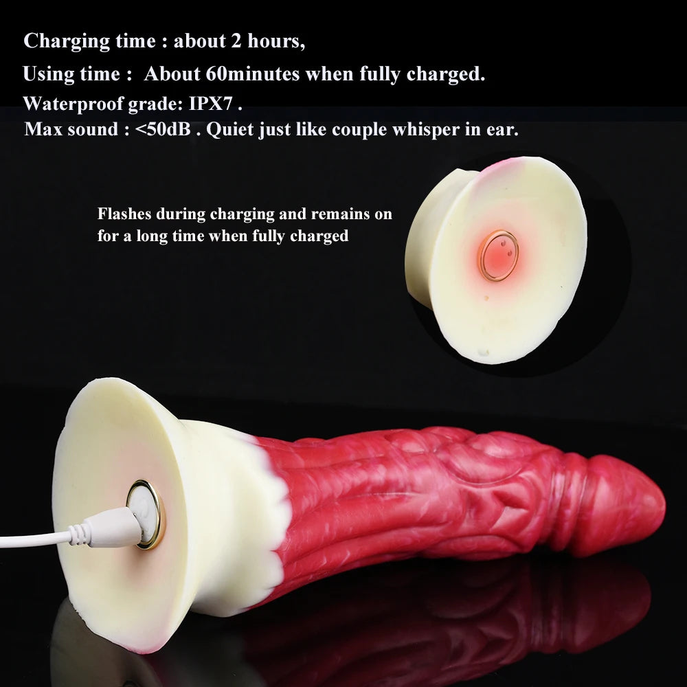 Gebogener roter Drachen-Vibrator mit hellem Kopfbereich und seitlichem Ladepunkt