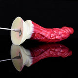 Rot strukturierter Drachen-Dildo-Vibrator mit hellem Sockel, Seite mit Anschluss und Kabel