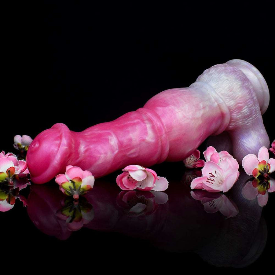 Pink horse dildo with translucent body and molded ear, reflective surface