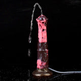 Horse-shaped dildo spraying fluid from nozzle, pink-and-dark marbled body