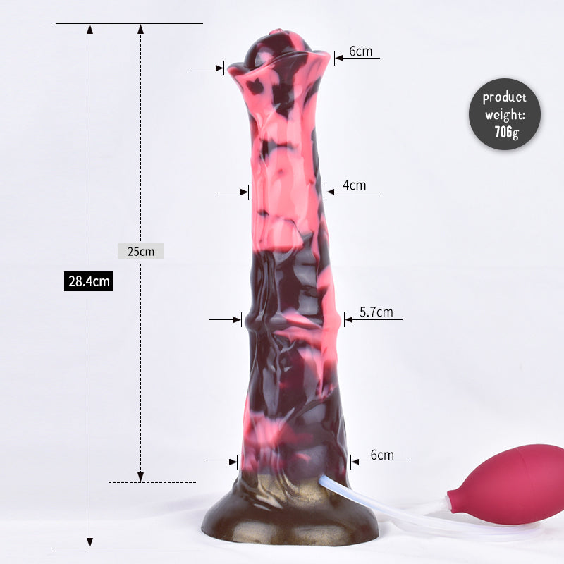 Horse-shaped dildo size diagram: pink-and-dark marbled body with hose and pump bulb