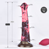 Horse-shaped dildo size diagram: pink-and-dark marbled body with hose and pump bulb