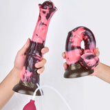 Horse-shaped dildo held in both hands, pink-and-dark marbled surface, hose visible