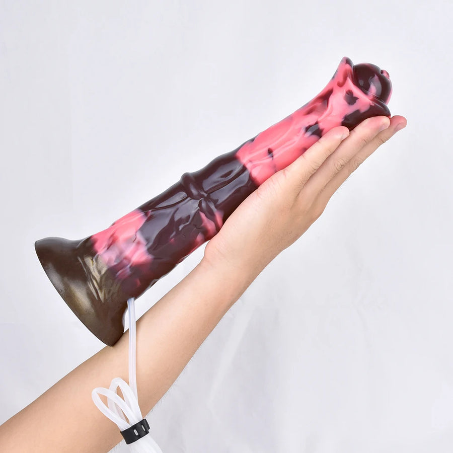 Horse-shaped adult novelty sex toy with clear hose, pink and dark marbled surface