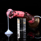 Horse-shaped dildo dispensing into measuring cup, pink-and-dark marbled body