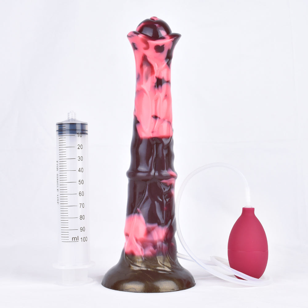 Standing horse-shaped dildo with pink-and-dark marbled body, pump bulb, and hose