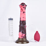 Standing horse-shaped dildo with pink-and-dark marbled body, pump bulb, and hose