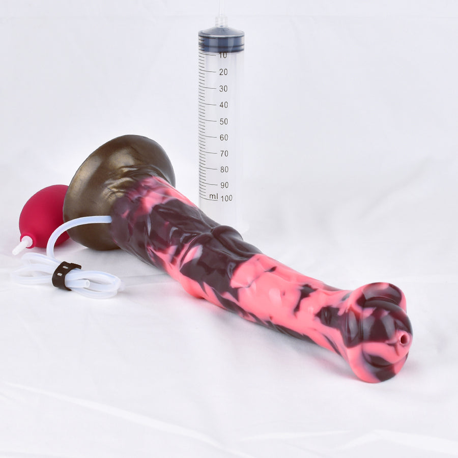 Horse-shaped adult novelty sex toy lying down, pink and dark marbled with connected hose