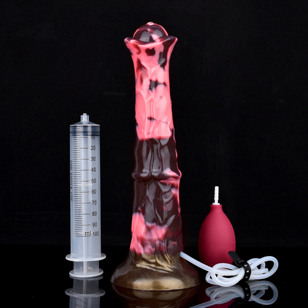 Horse-shaped dildo with measuring syringe, pink pump bulb, and coiled hose