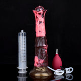 Horse-shaped dildo with measuring syringe, pink pump bulb, and coiled hose