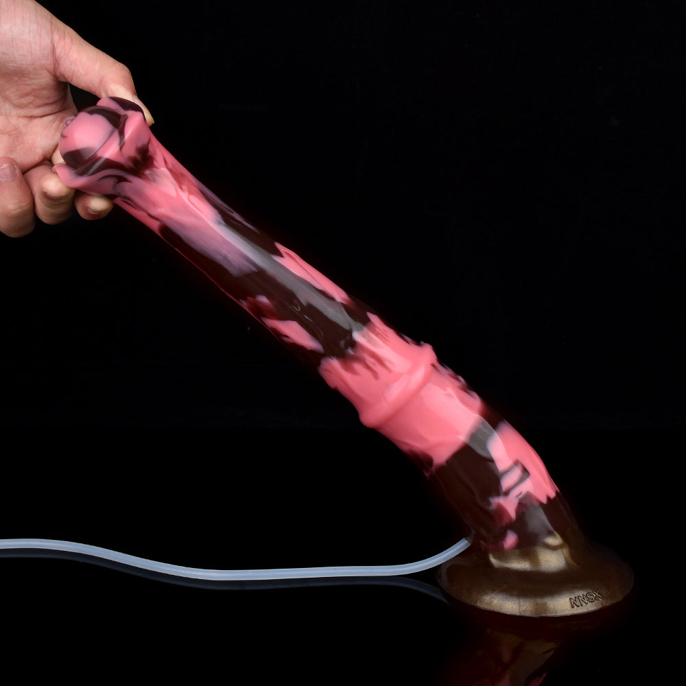 Large pink patterned horse-shaped ejaculating dildo with curved base