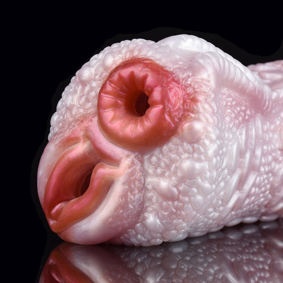 Realistic two-hole dragon sex toy, pink and white head with two circular openings