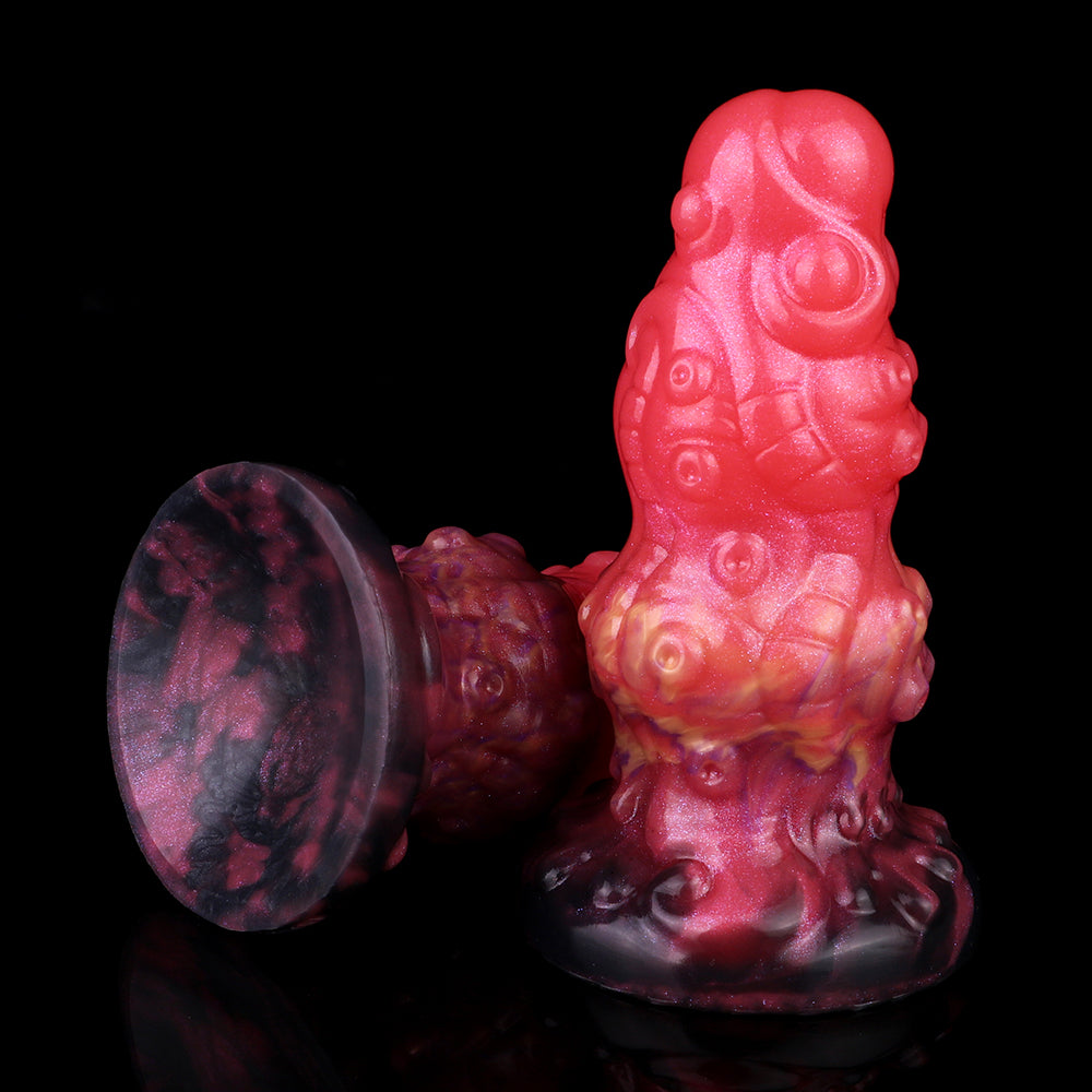 Alien butt plug front view, ribbed pink figure with dark purple flared base