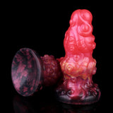 Alien butt plug front view, ribbed pink figure with dark purple flared base