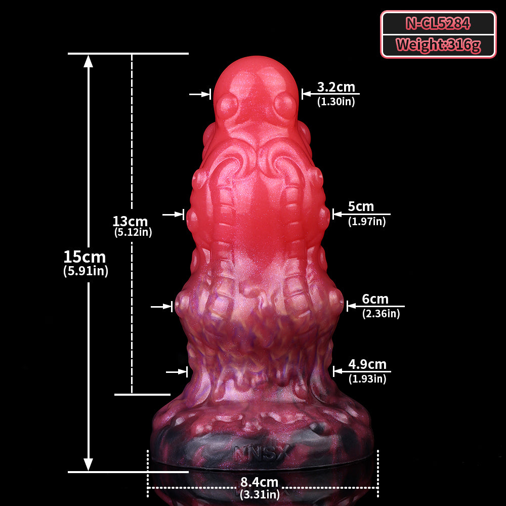 Alien butt plug on size diagram, ribbed pink body with purple base details