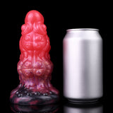 Alien butt plug side view, glossy pink body with dark purple flared base