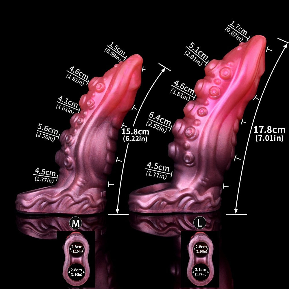 Octopus tentacle sheath size chart showing M and L dimensions in cm and in.