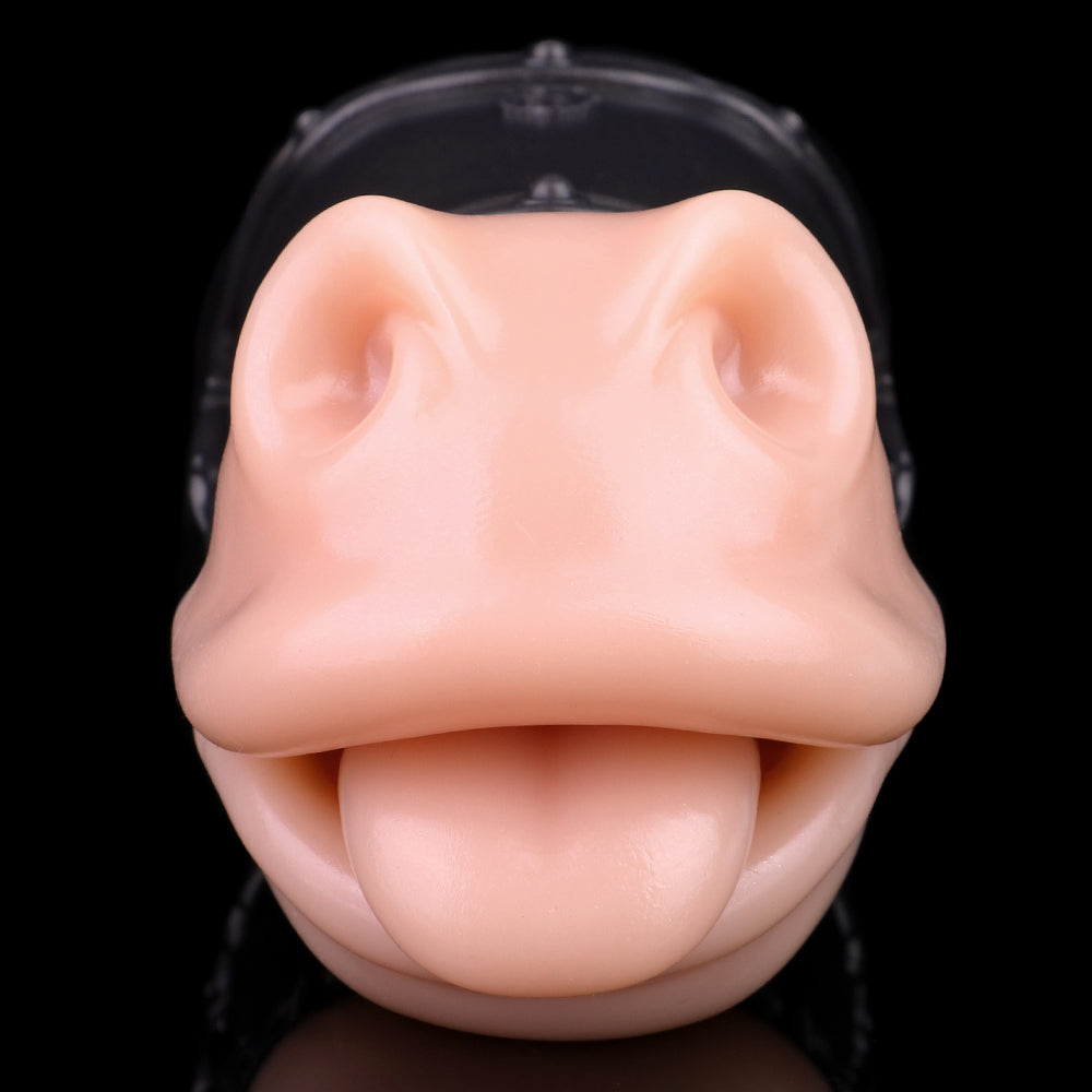 Horse muzzle-style single-hole sex toy, peach-toned opening and molded mouth
