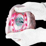 Gloved hands holding the alien Fleshlight, showing red inner opening and pink molded exterior.