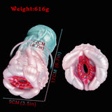 Hydatid Fleshlight: spiked round end with pink outer texture and teal tunnel opening.