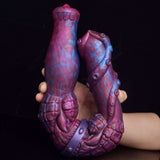 Horse tentacle double-ended dildo, textured handle end and base, purple-blue finish