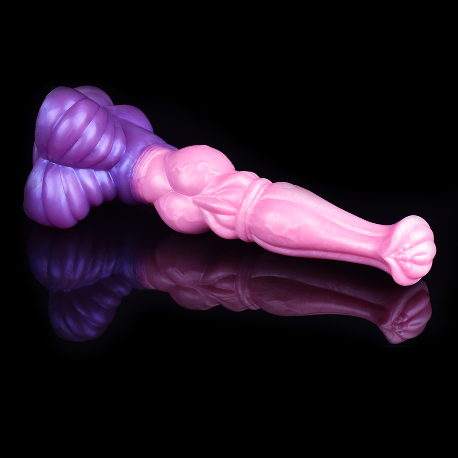 Giant horse-shaped dildo with large knot, glossy pink shaft and purple knot detail.
