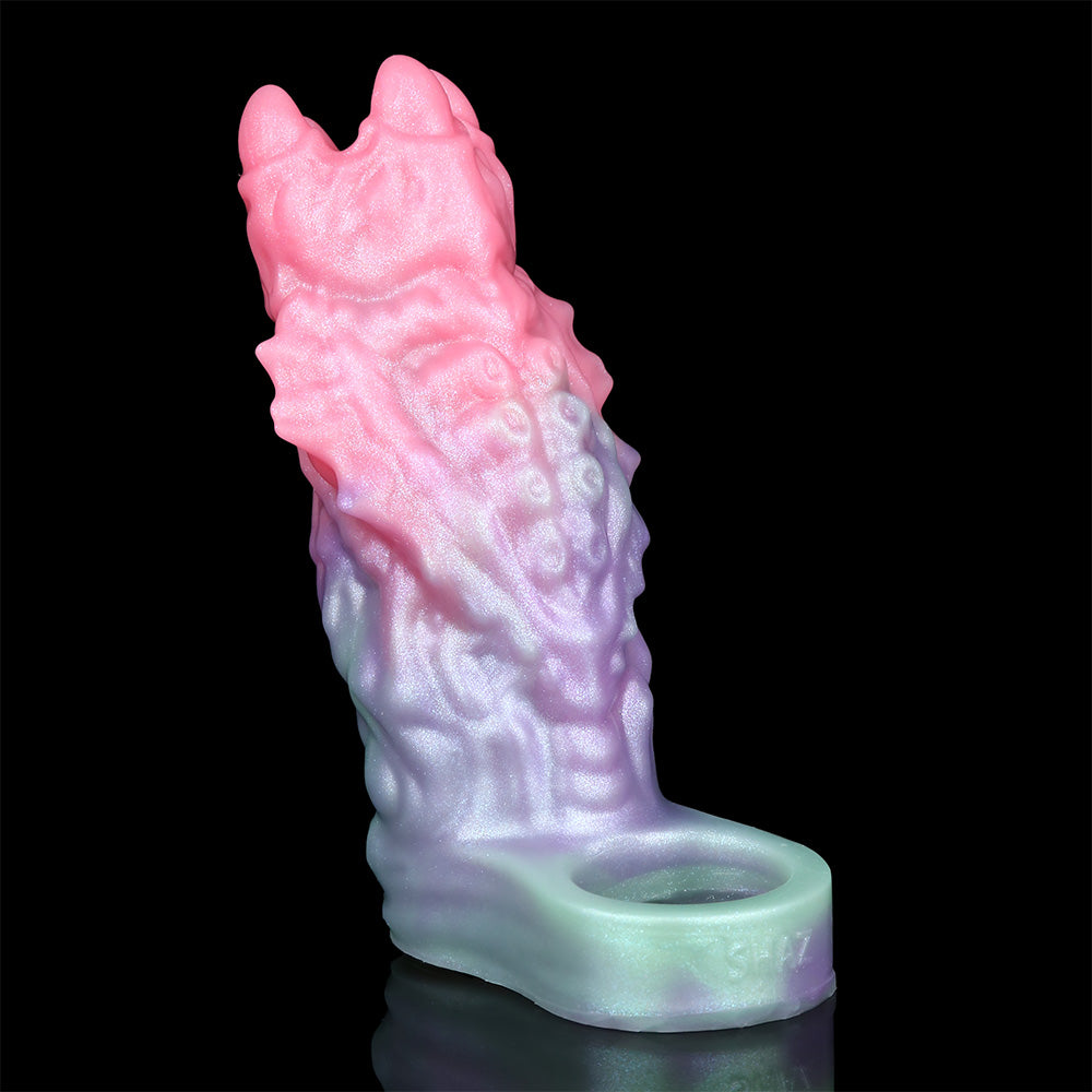 Dragon Cock Sleeve Extender, Rück-/Seitenansicht, mintfarbener Ring unten, strukturierte Form