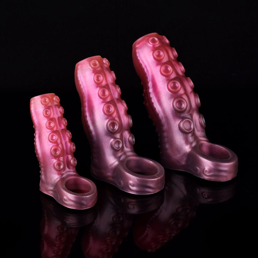Pink octopus tentacle cock sleeve set, three sizes with textured suction-cup pattern