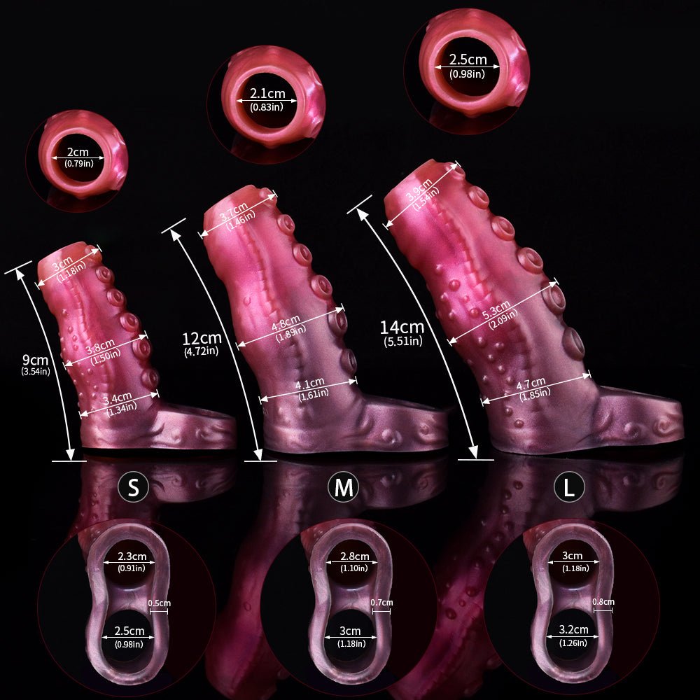 Inky Cock Sleeve in S, M, L; Maßangaben sichtbar; rosa, Tentakelstruktur mit Noppen