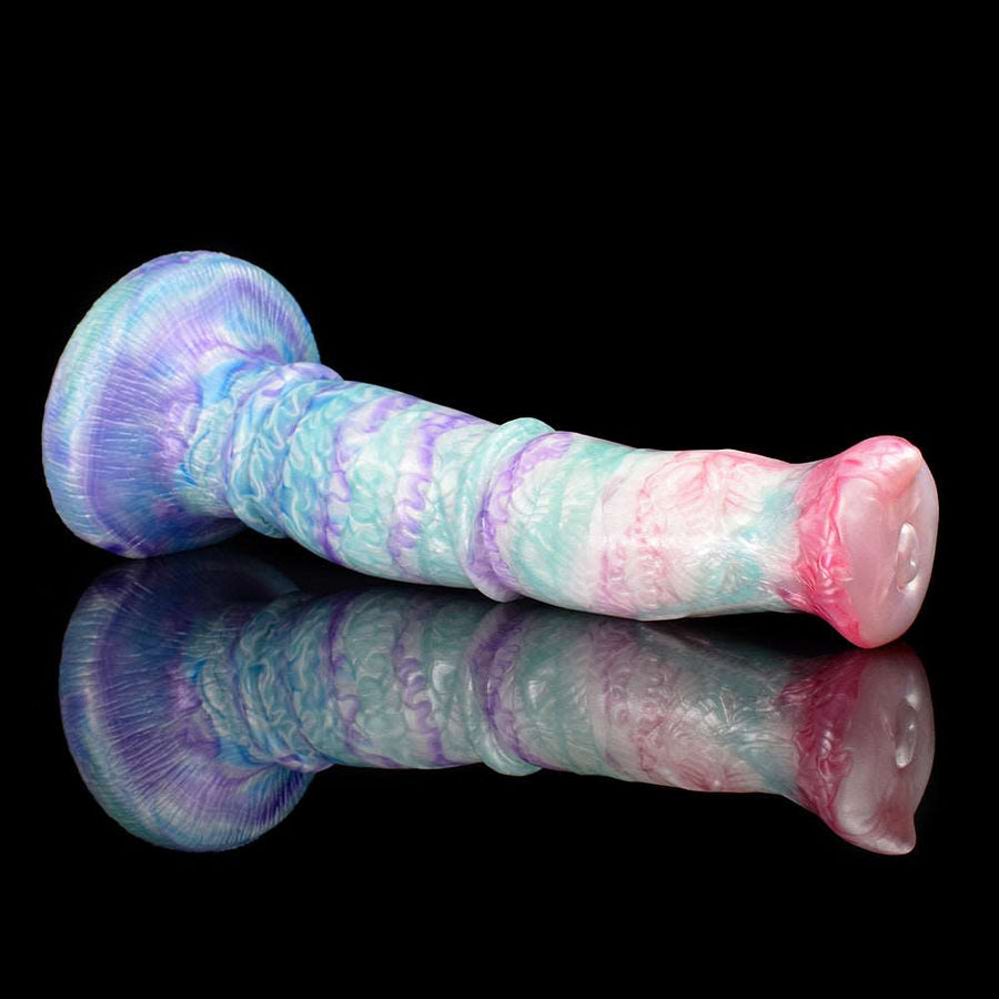 Horse-shaped dildo in pastel rainbow tones with pink muzzle tip and rounded base