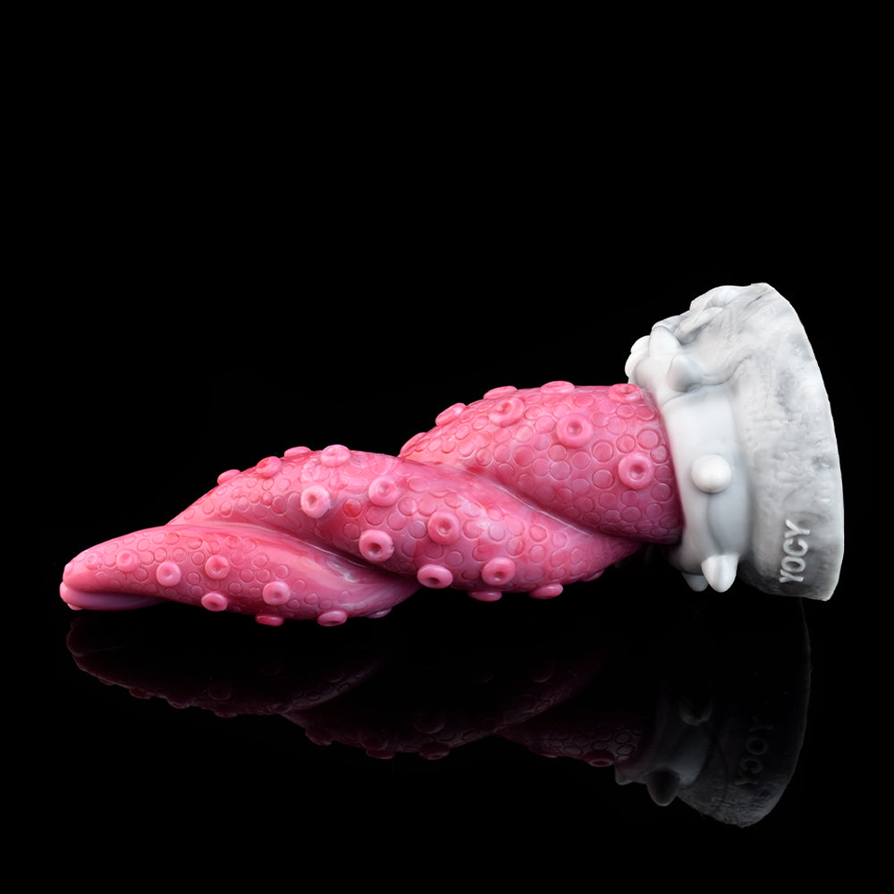 Pink octopus tentacle vibrator with white mounting base, shown from side