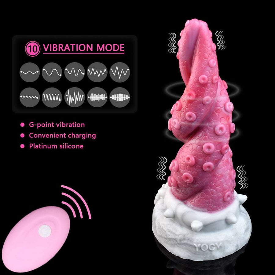 Pink octopus tentacle vibrating dildo with suction base and vibration mode indicator icons