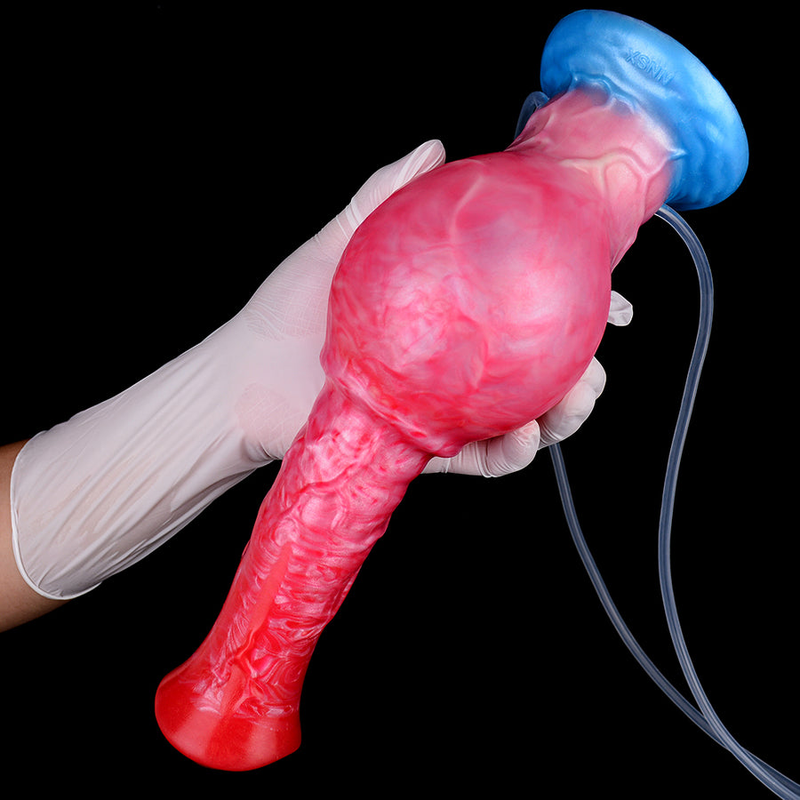 Inflatable horse-shaped sex toy with red-pink body and blue air pump base