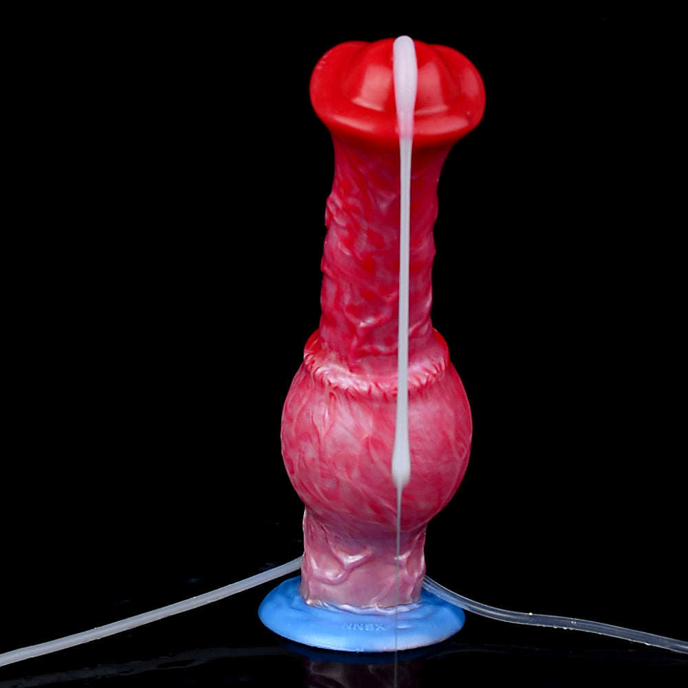 Inflatable horse toy standing upright, red/pink textured body with blue base and tube