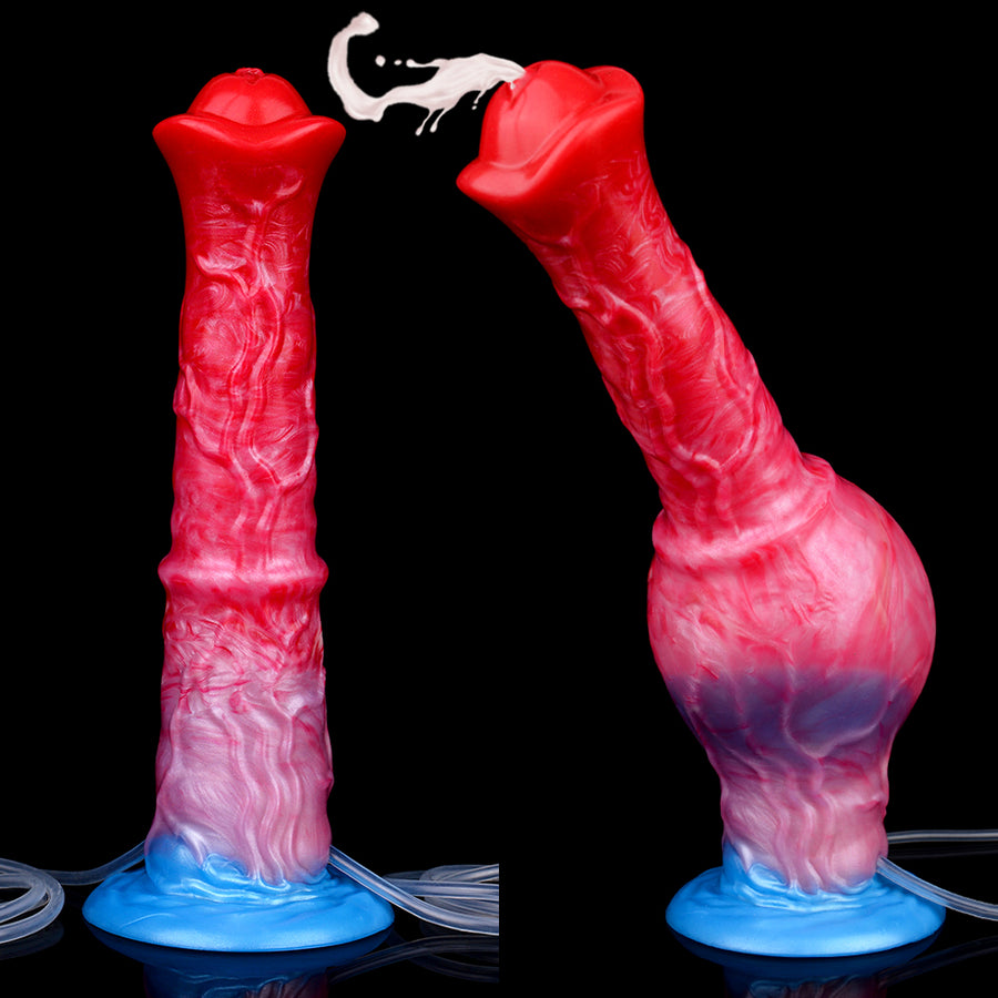 Inflatable horse-shaped sex toy before and after inflation, red-pink with blue base