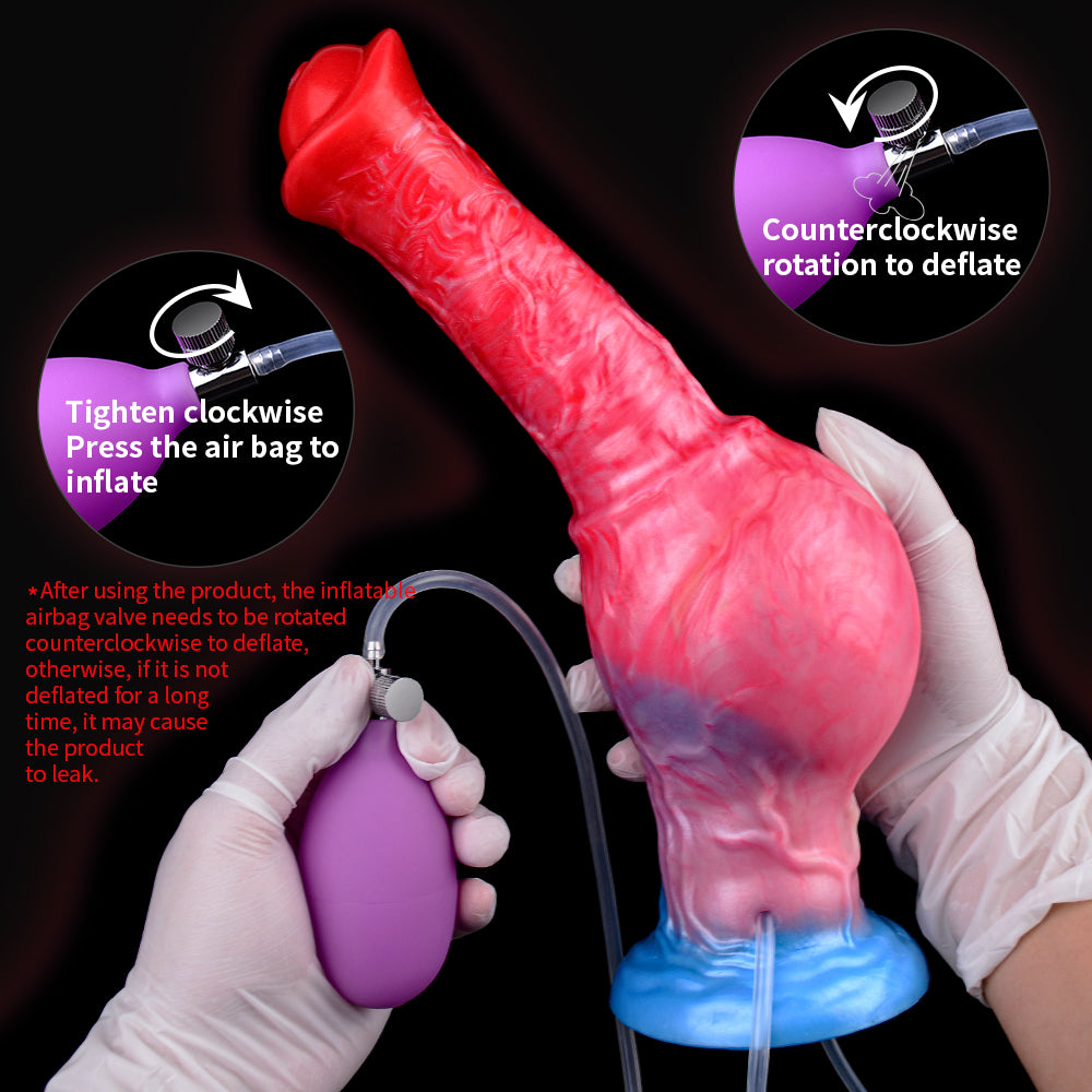Inflatable horse-shaped toy with inflation hose, red/pink body and blue base on hands