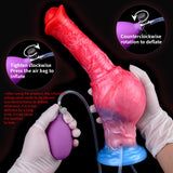 Inflatable horse-shaped toy with inflation hose, red/pink body and blue base on hands