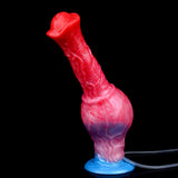 Inflatable horse-shaped toy, red/pink textured body with blue base and clear hose