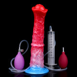 Inflatable horse toy upright with pump accessories: purple bulb, red bulb, and hose