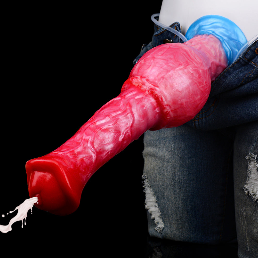 Inflatable horse toy in jeans, red/pink textured body with blue base and attached hose