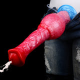 Inflatable horse toy in jeans, red/pink textured body with blue base and attached hose